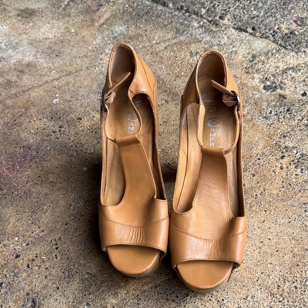 Jeffrey Campbell Tan Leather Peep-Toe Heels
